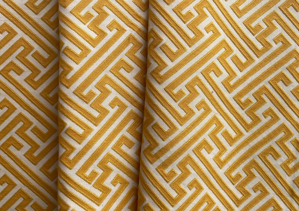 Butterscotch & Ivory Modified Greek Key Maze Stain-Resistant Cotton Blend Tapestry (Made in India)
