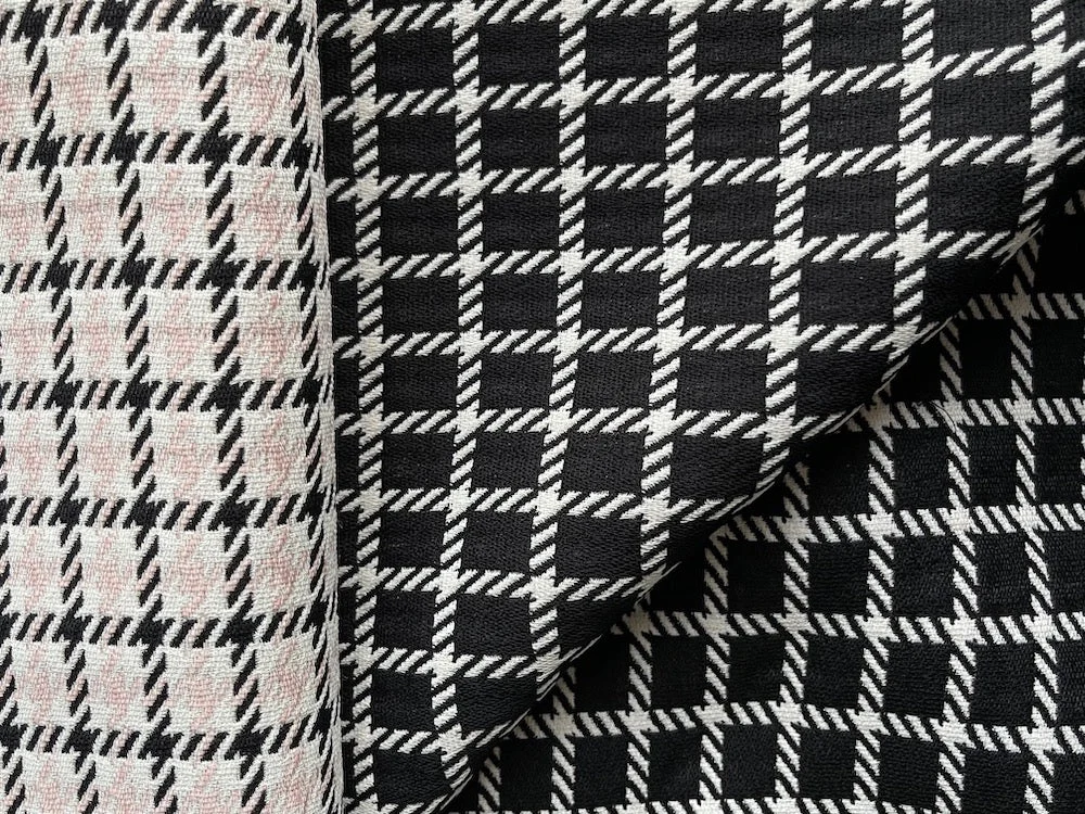 80" Panel -Reversible Couture Black & Blushing Rose Windowpane Check Viscose Blend Crepe Suiting (Made in Italy)