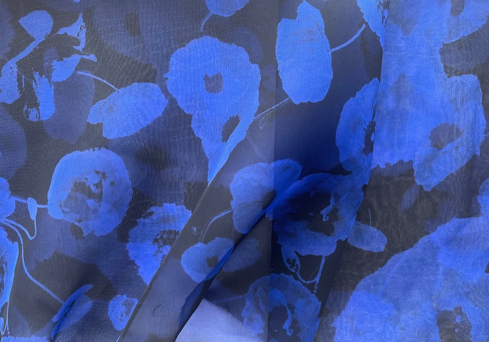 Sheer Dramatic Cobalt & Black Poppies Silk Organza(Made in Italy)
