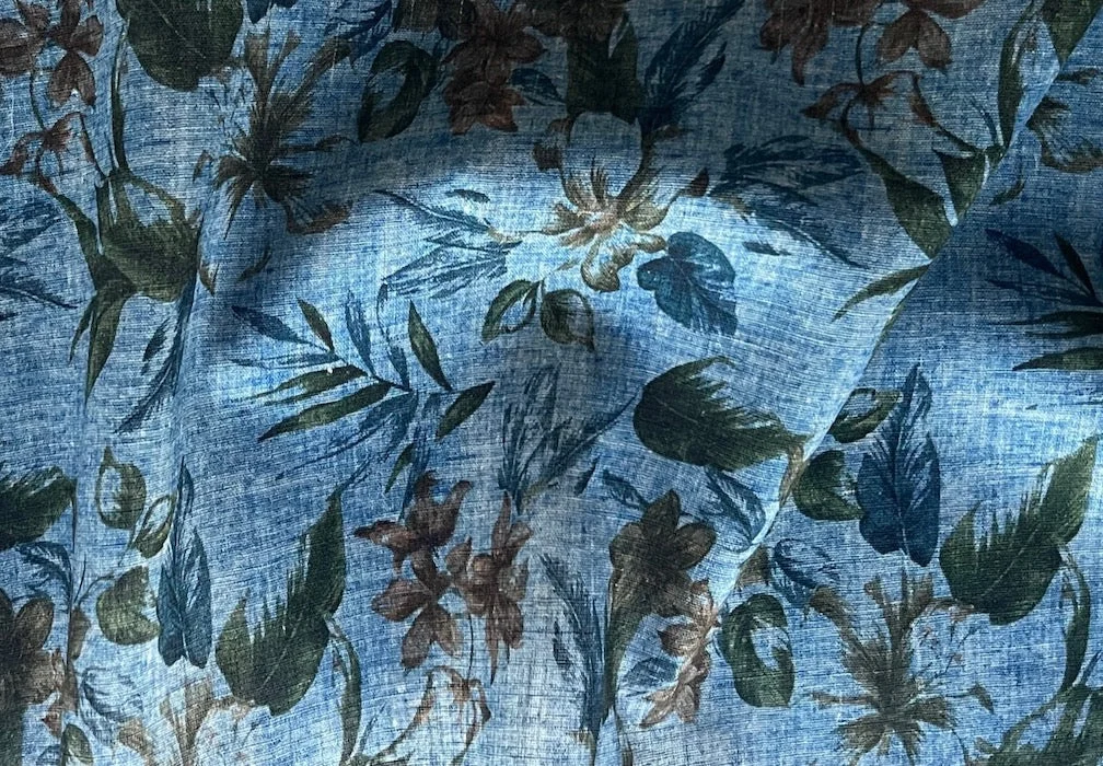 Blouse-Weight Rustic Botanical Floral on Textured Indigo Linen-Cotton Blend (Made in Italy)