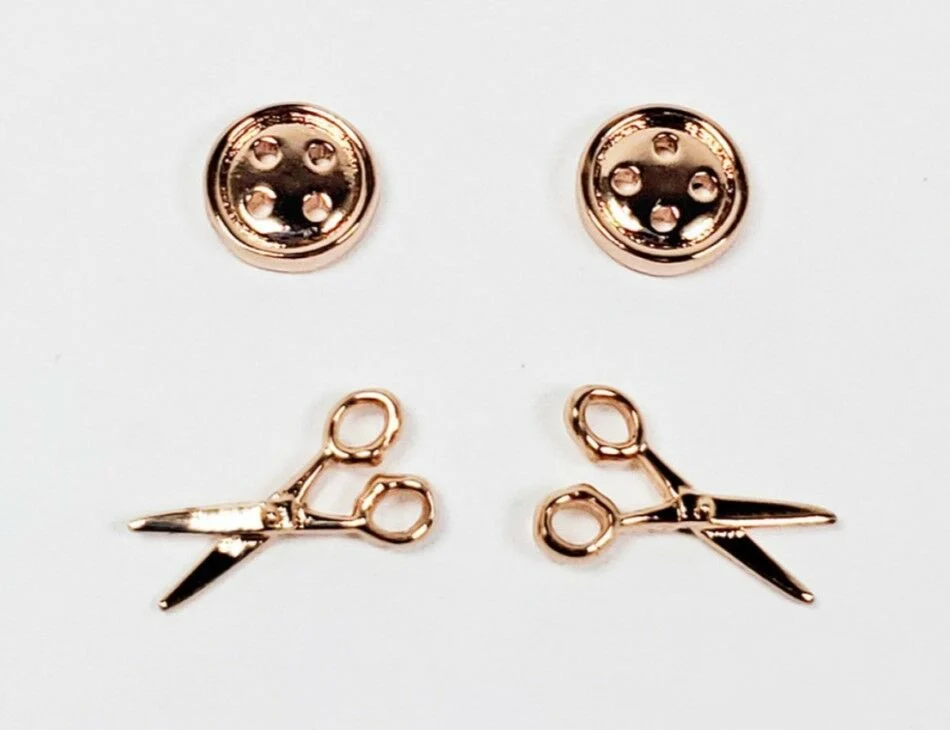 Button & Scissor Earrings Rose Gold Tone