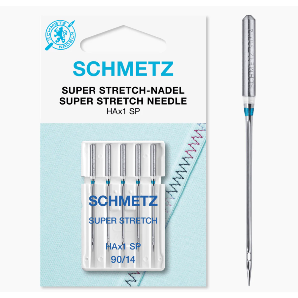 Schmetz Sewing Machine Needles: Super Stretch Size 90/14. Pack of 5 needles.