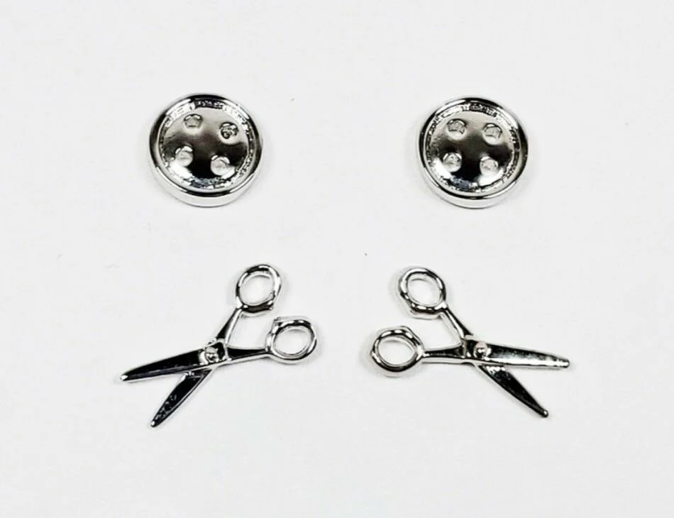Button & Scissor Earrings Silver Tone