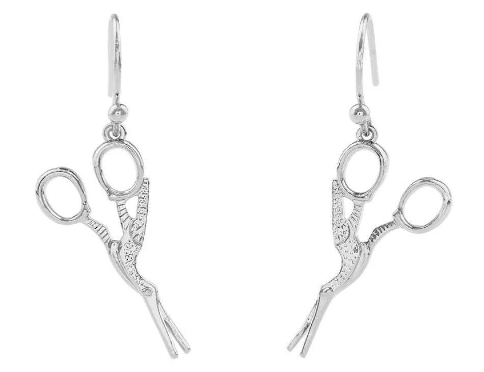Stork Scissor Earrings Silver Tone