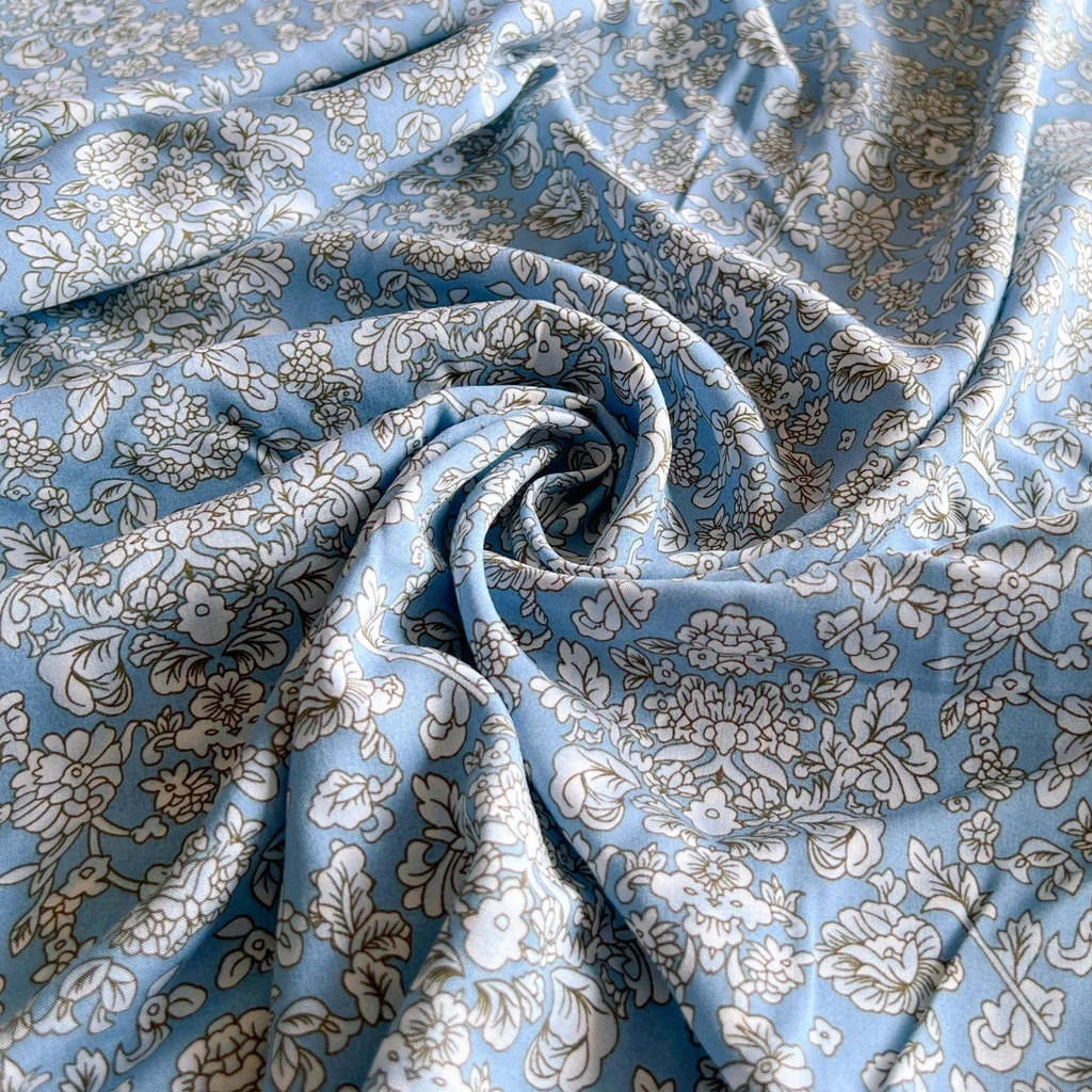 Remnant - Turquoise Blue Floral Rayon Poplin - 0.54yd