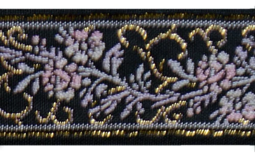 1 1/8" Vining Pink & Lavender Flowers Gold Metallic Black Woven Ribbon